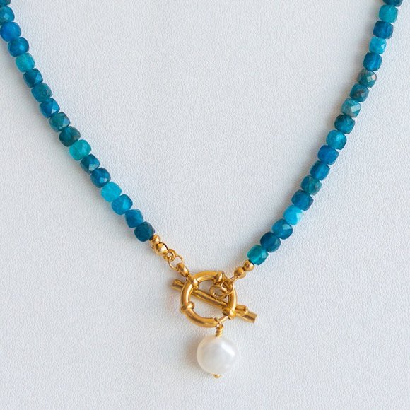 Blue Apatite Gemstone Necklace Gold Toggle Clasp Removable Baroque Pearl - Picture 4 of 16